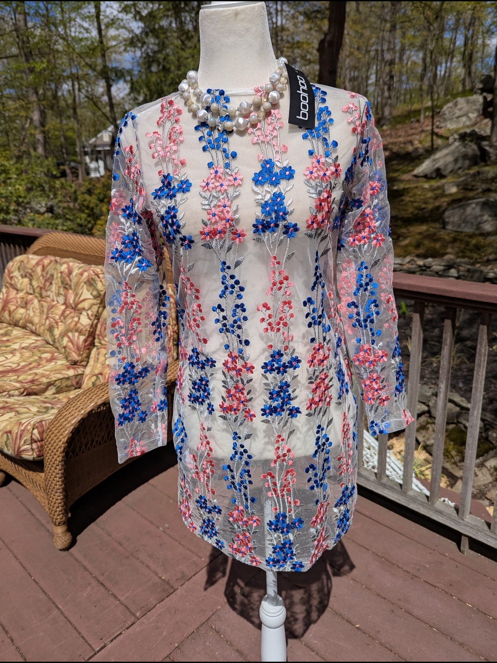Flawless Boohoo White Sheer Embroidered Floral Dress in Blue & Pink